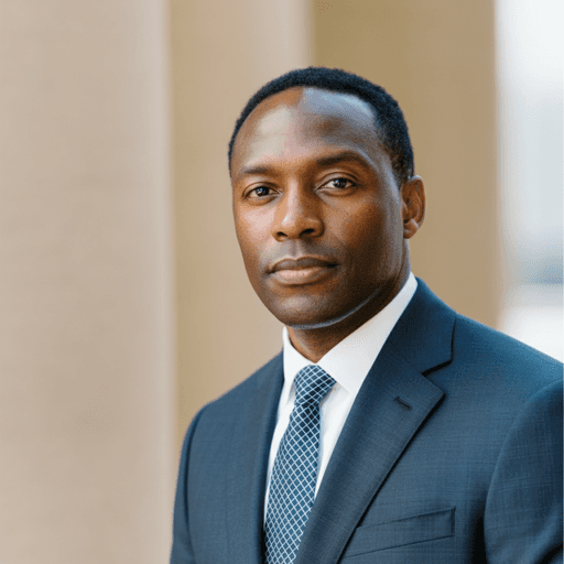 A professional Black man in a dark blue suit and patterned tie, exuding confidence for a digital product.