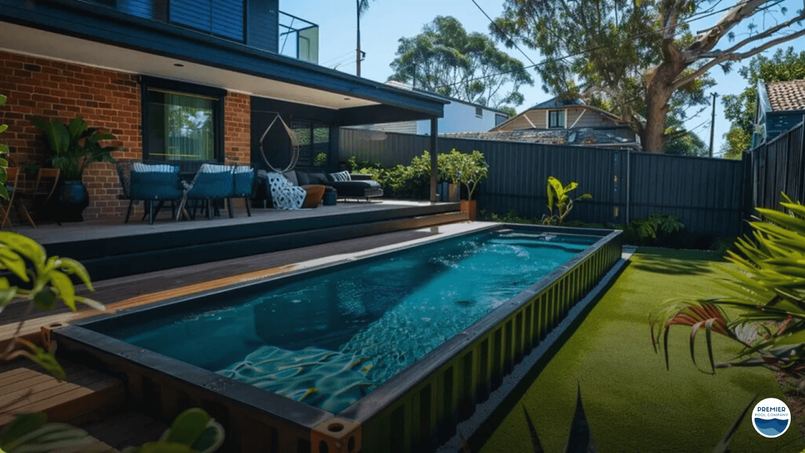 Shipping container swimming pool cost guide showing a modern container pool installation