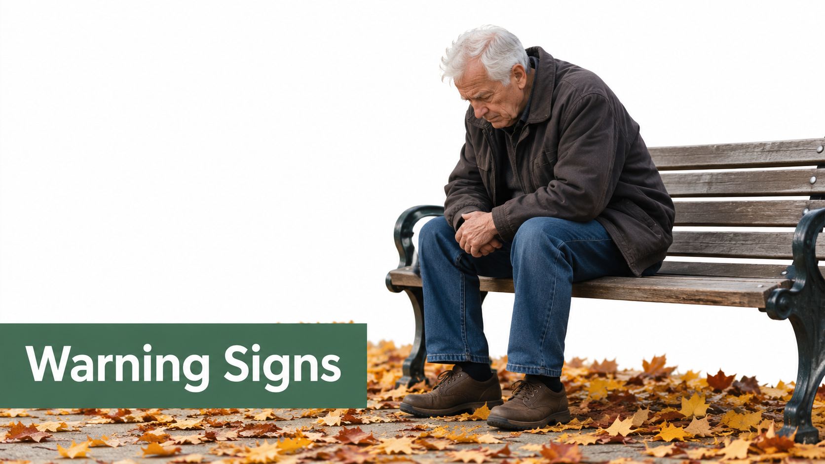 An elderly man sitting alone on a park bench looking down, representing depression and sadness.