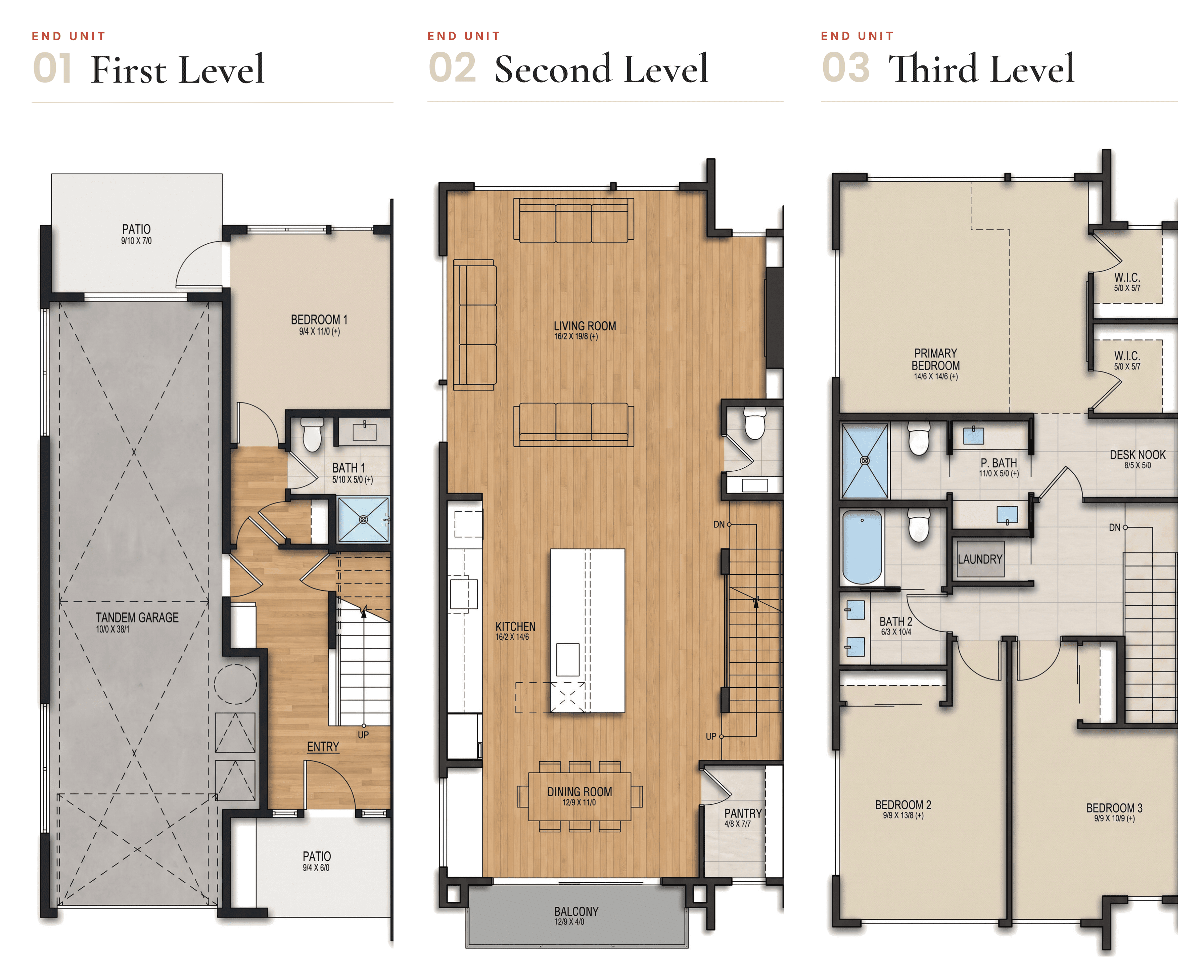Duchess End Unit floor plan — First, Second and Third Level (Casly Homes booklet)