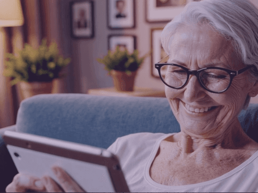 Grandmother smiling joyfully as she sees and hears her deceased husband through Glimpse.