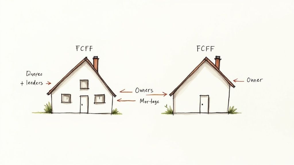A diagram showing two houses representing financial structures, illustrating concepts of FCFF, owners, lenders, and mortgage.