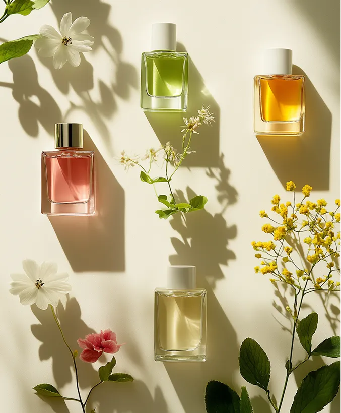 bodegon de perfumes y flores