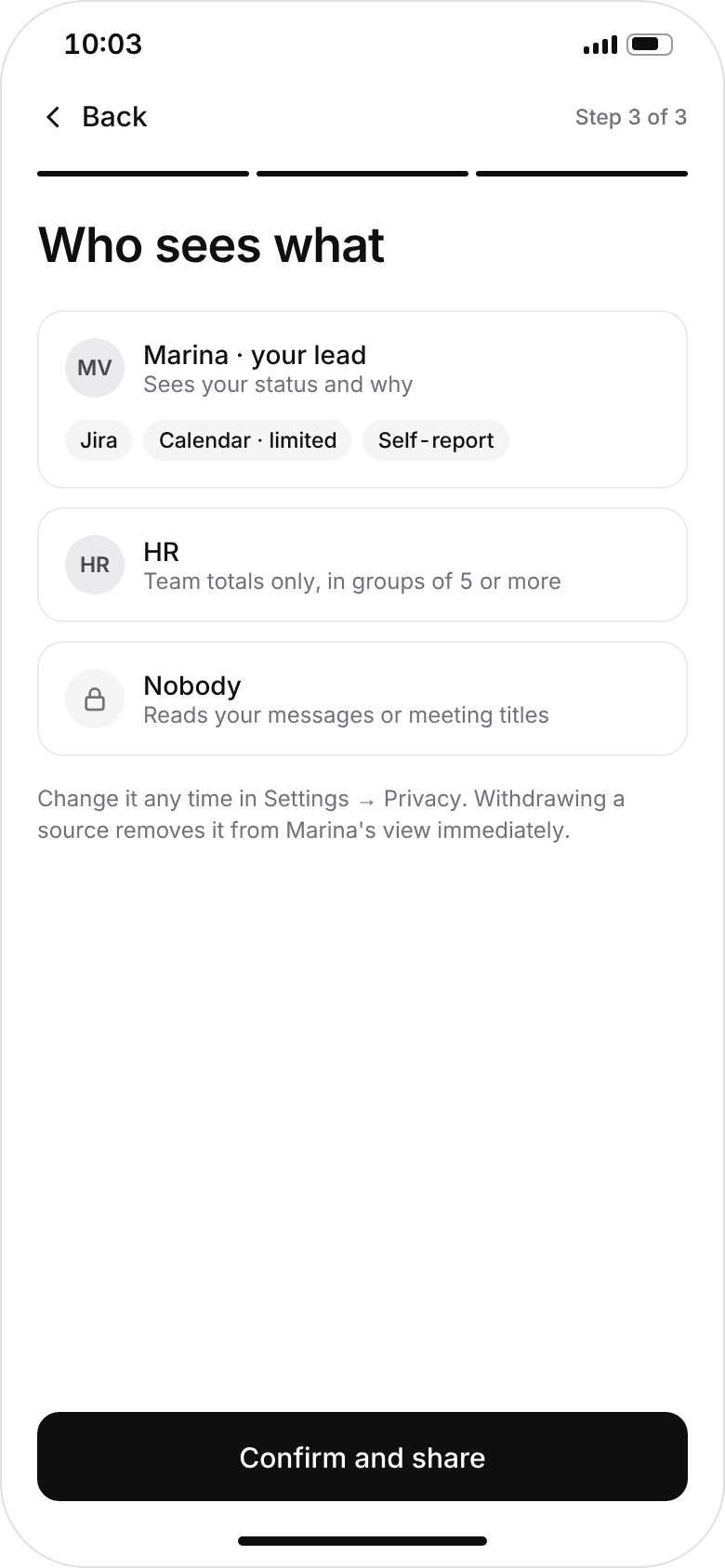 Phone — who sees what: the lead, HR in groups of five or more, and nobody for messages
