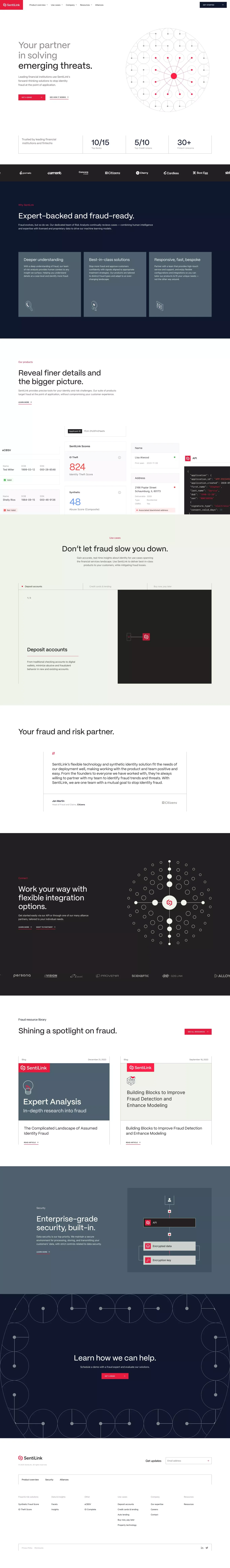 SentiLink landing page screenshot showcasing Finance and Tech design