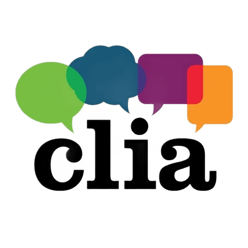 A colorful collection of overlapping speech bubbles in green, blue, purple, and orange surrounds the bold black lowercase text "clia" on a transparent background.