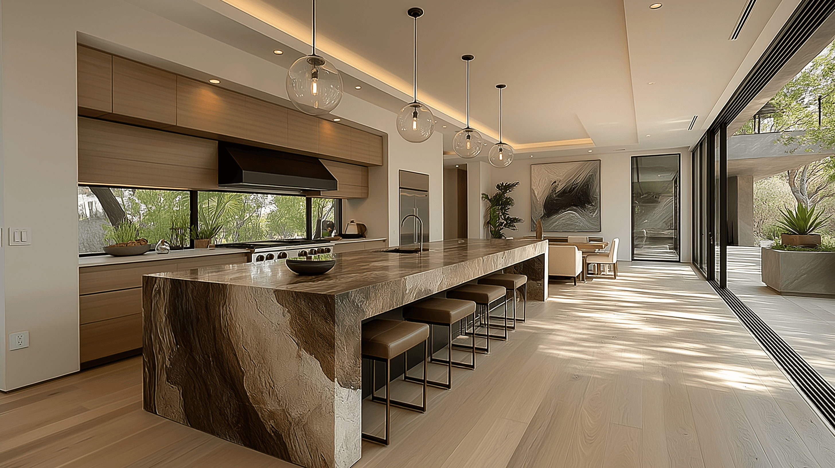 Expansive modern kitchen with a massive stone waterfall island, wood cabinetry, glass globe pendants, and a large sliding glass wall that opens fully to an outdoor patio.