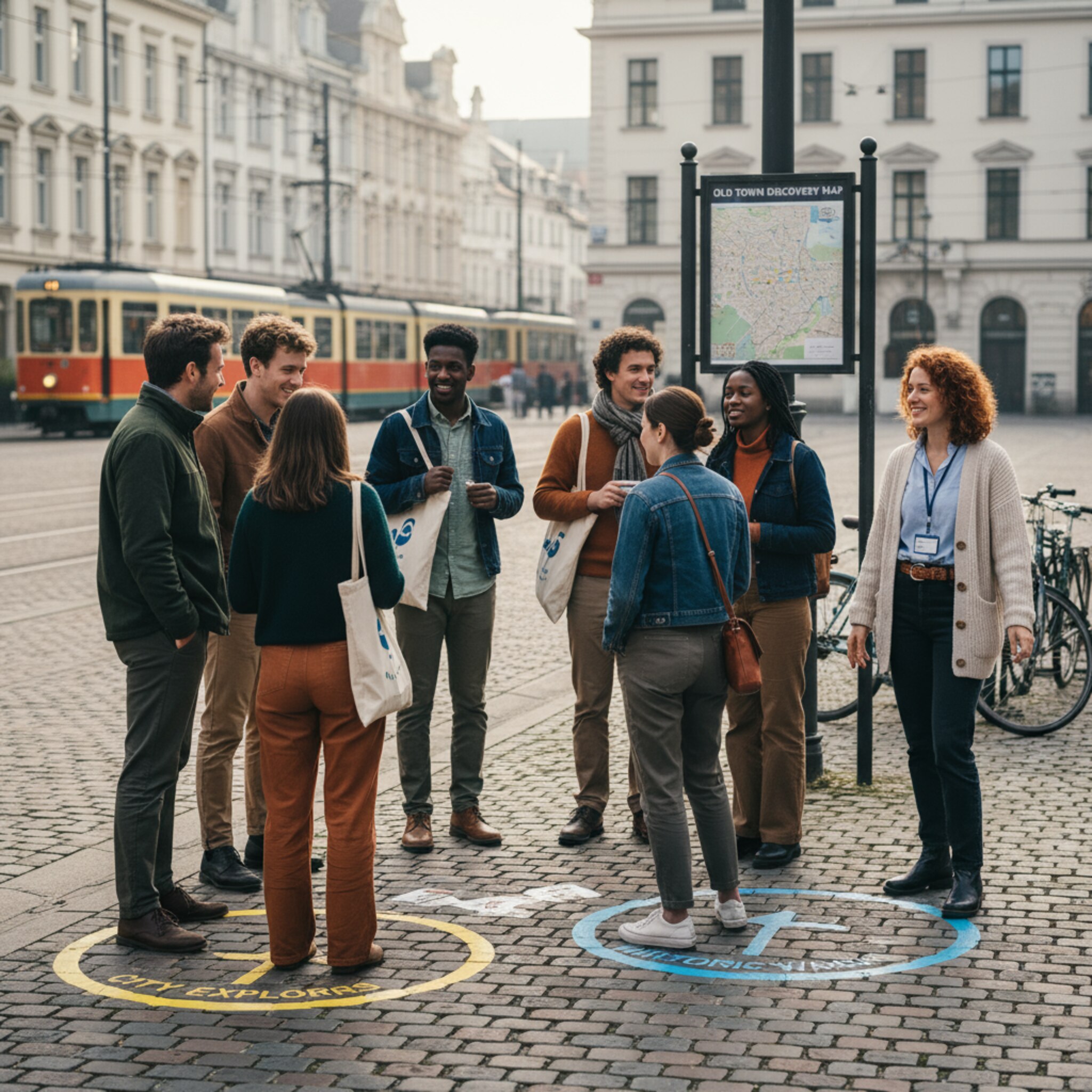 Früher Morgen am Treffpunkt: Zwei Gruppen sammeln sich an unterschiedlichen Markierungen, ein weiterer Guide kommt lächelnd hinzu. Weiches Licht lässt Farben klar erscheinen. Ein Stadtplan hängt ordentlich an einem Pfosten. Alles wirkt vorbereitet, Abläufe greifen ineinander, der Start verläuft mühelos.