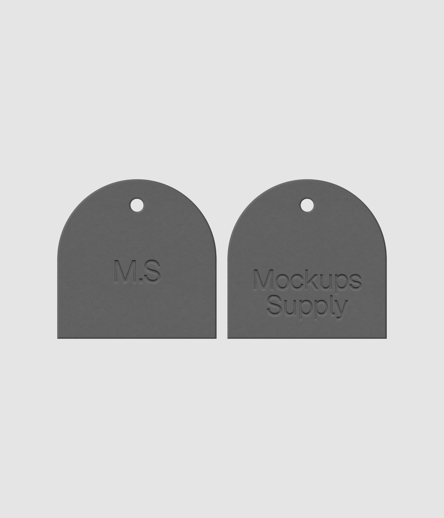 Pair of white arched square tags featuring embossed logo design on dark surface with customizable elements for premium mockup