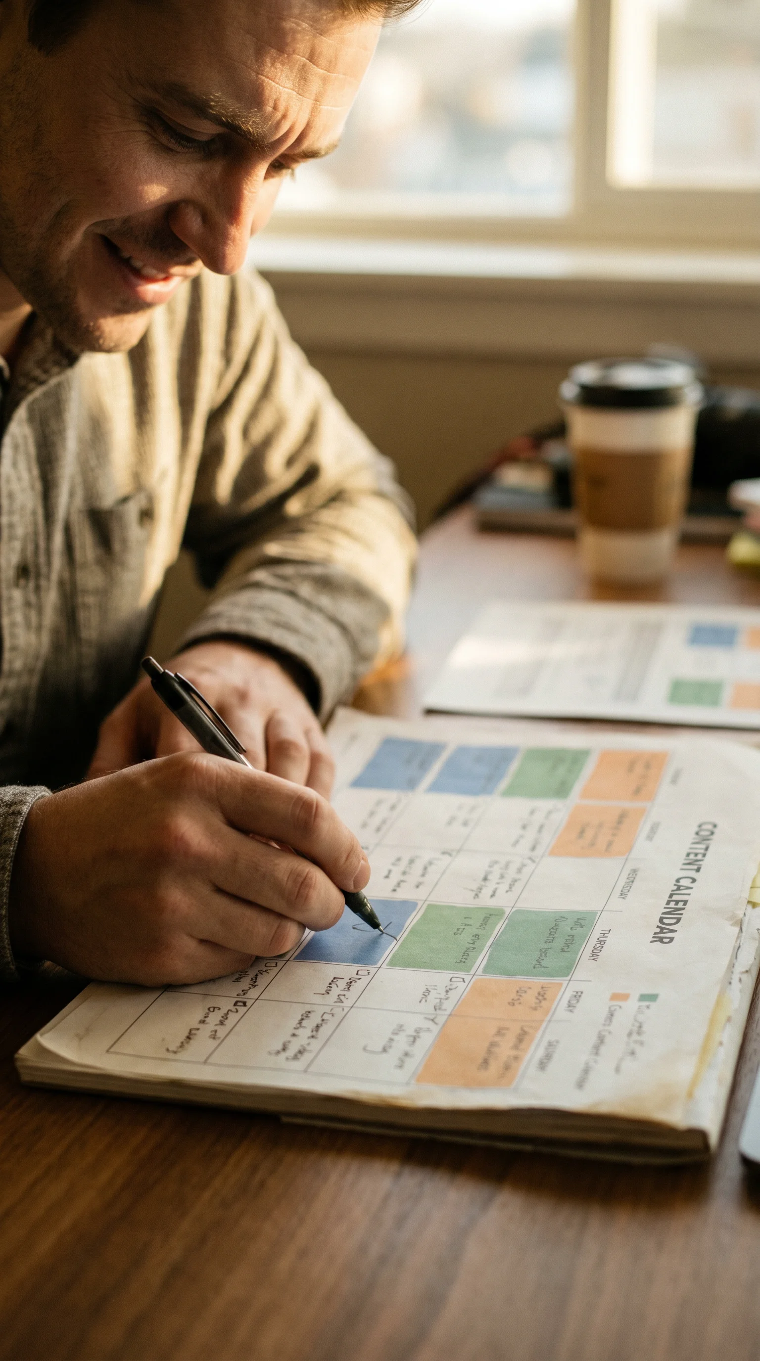 Professional reviewing printed content calendar with color-coded sections, pen making checkmark, focused hands and document
