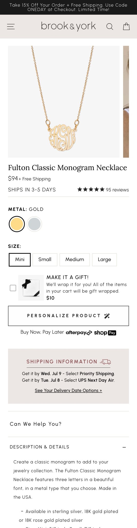 Jewelry product options include: necklace, pendant for Fulton Classic Monogram Necklace from Brook & York.