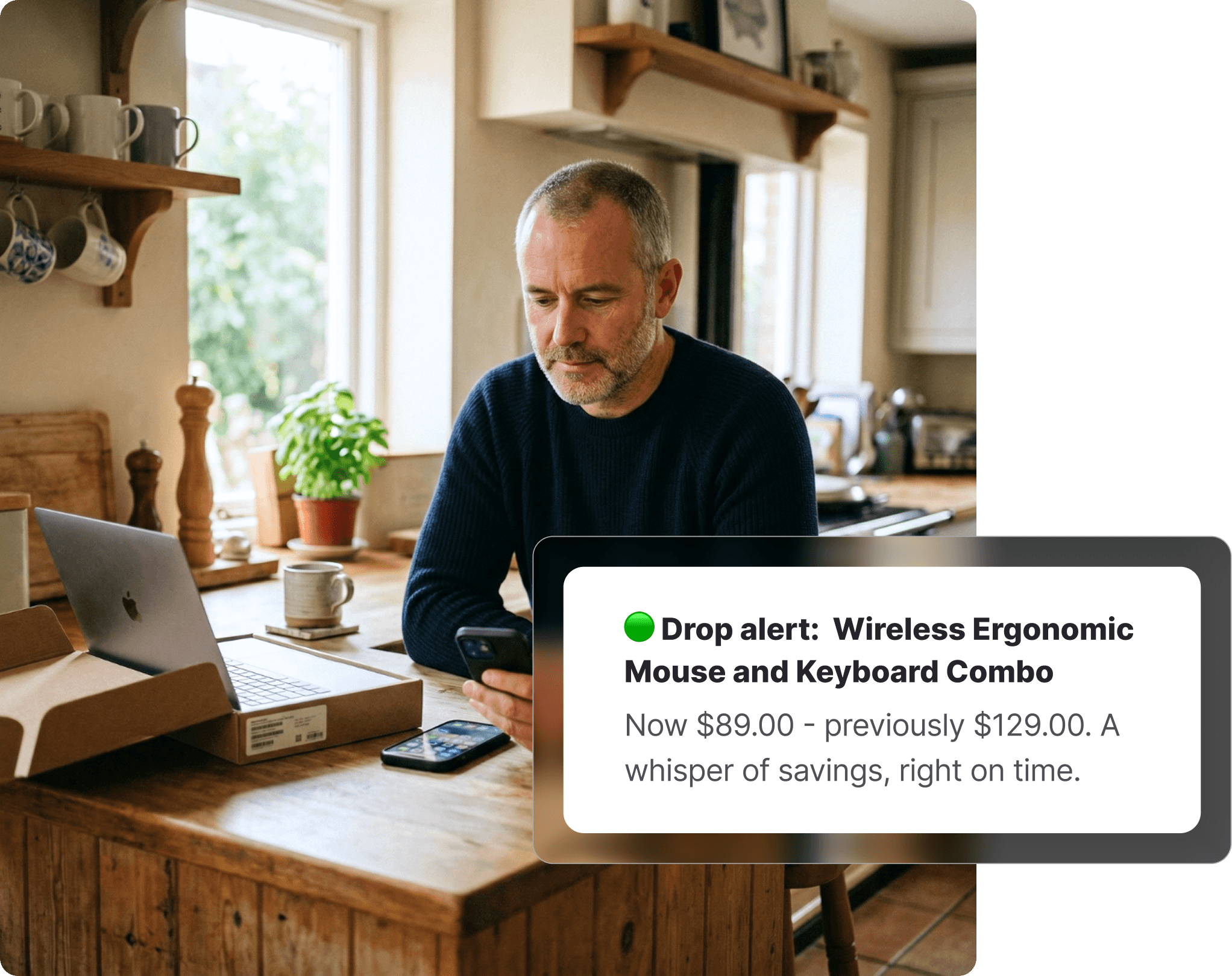 Middle-aged man at a kitchen table checking his phone with a laptop and unboxed tech product beside him, receiving an Officeworks price drop alert on Whisprice.