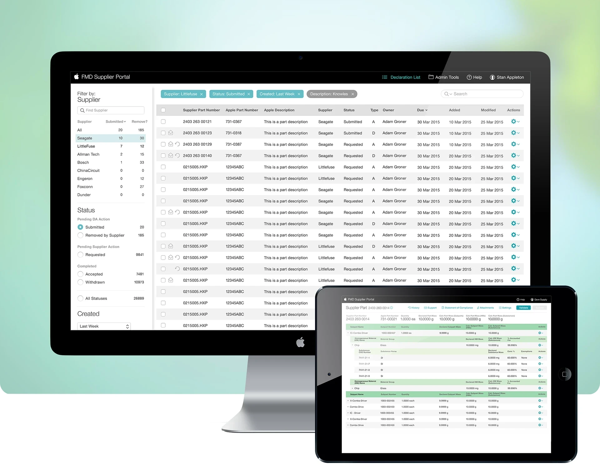 Apple environmental supplier portal shown on a desktop display and tablet