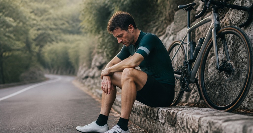A cyclist in a dark green jersey sitting on a low stone wall with his head down and forearms resting on his knees, his bike leaning behind him, an empty misty road curving away through trees (AI-generated image)