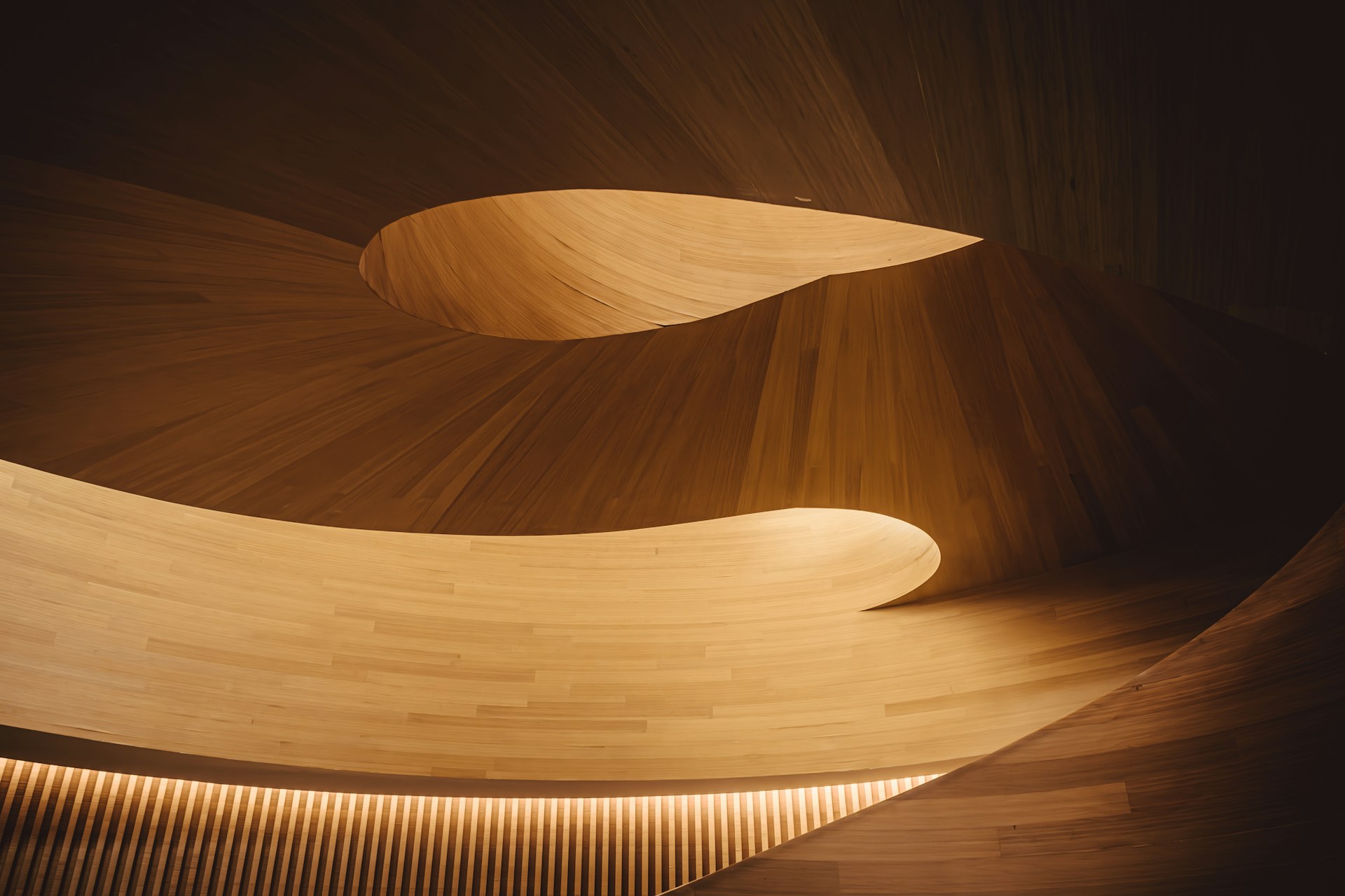 Curved wooden ceiling with warm ambient lighting