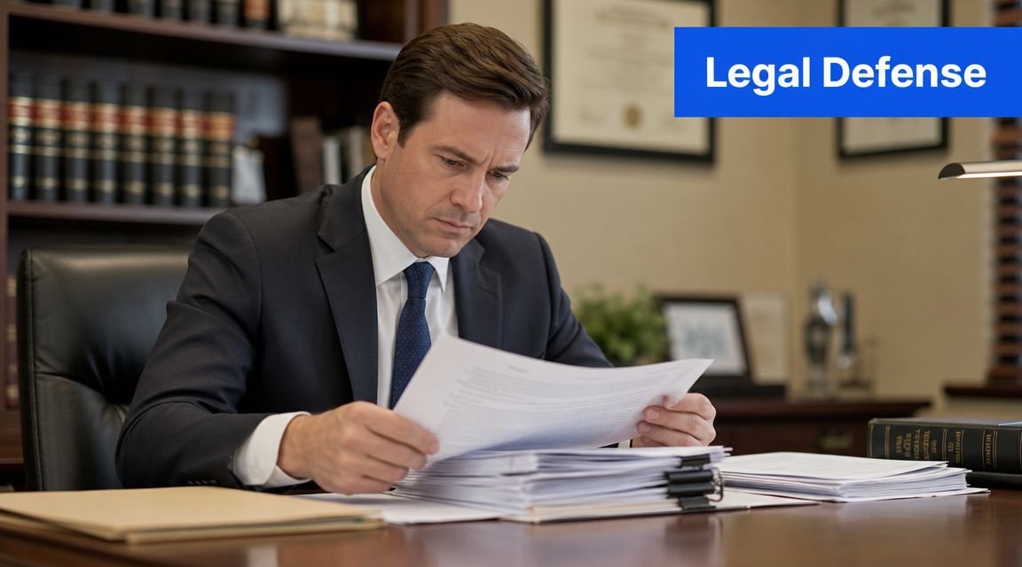 A professional lawyer in a suit reviewing legal documents at his desk in an office.