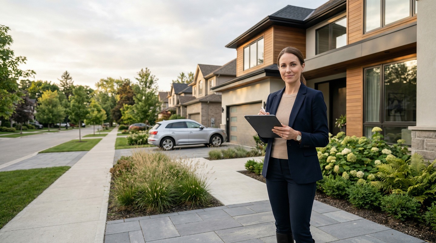 Appraiser using tablet during on-site residential property evaluation
