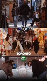 City scenes with people, street signs visible.
