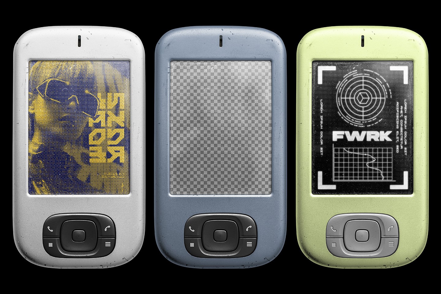 Retro smart device mockup with multiple phone color options and screen design examples