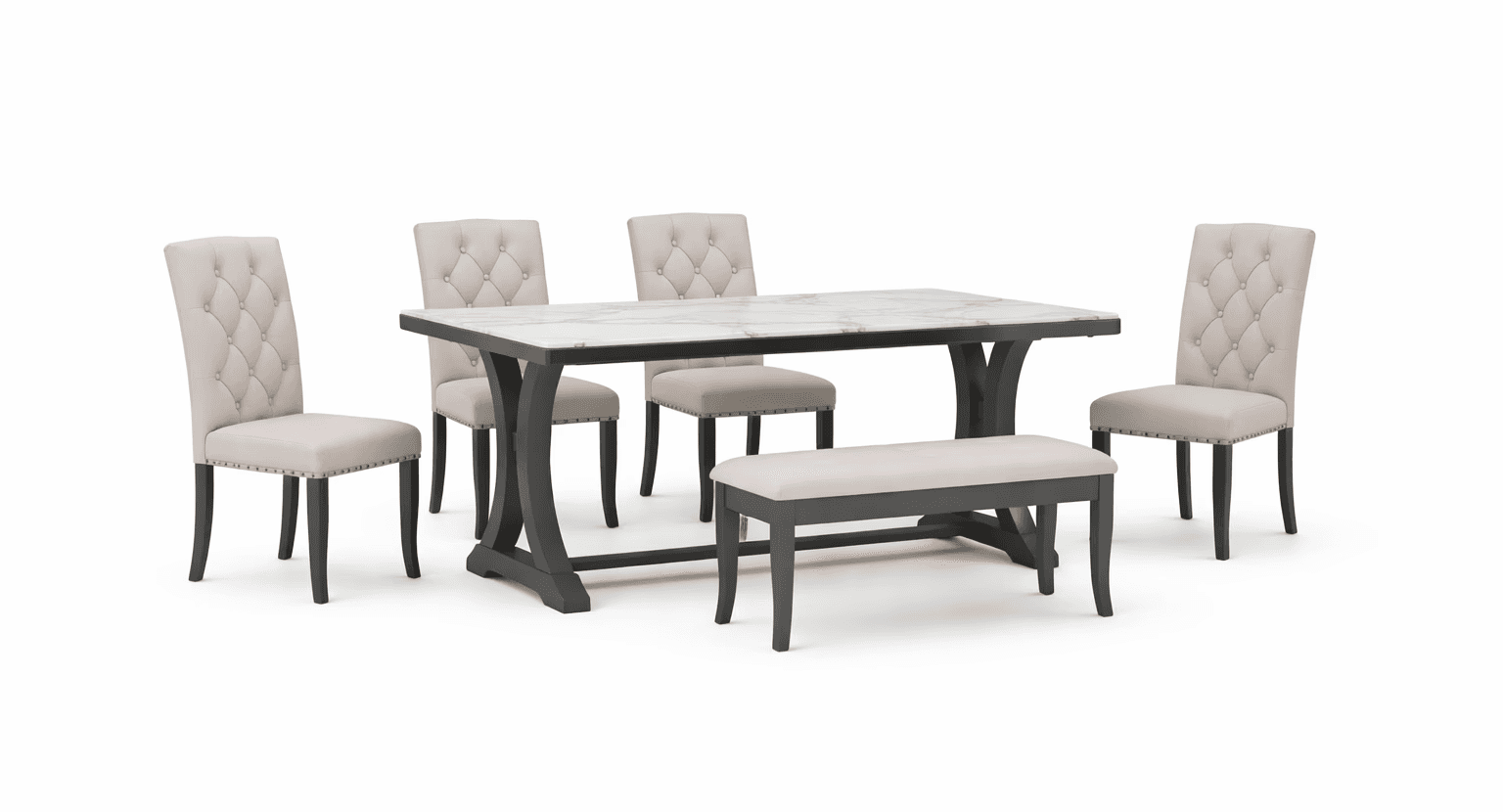 Compact classic dining table with tufted chairs and a bench, suited for everyday dining spaces