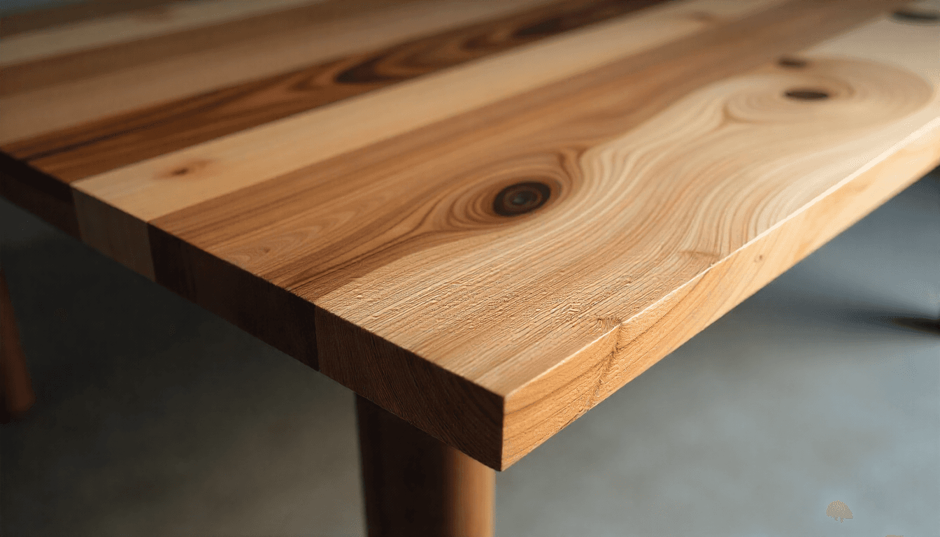 Close-up of a wooden table corner. Showing the wood grain and knots in the natural wood. Brown color.