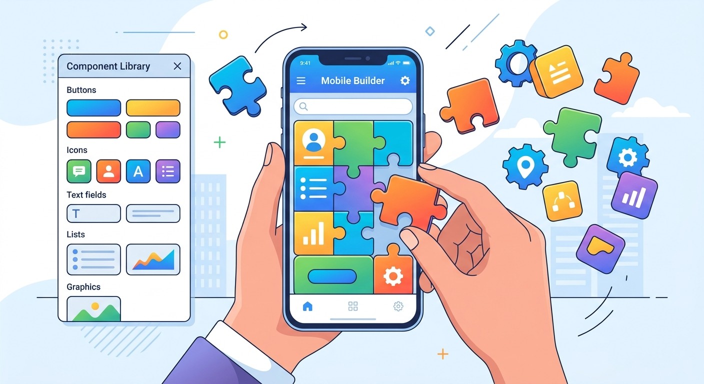 Flat illustration of modular app components being assembled together like building blocks
