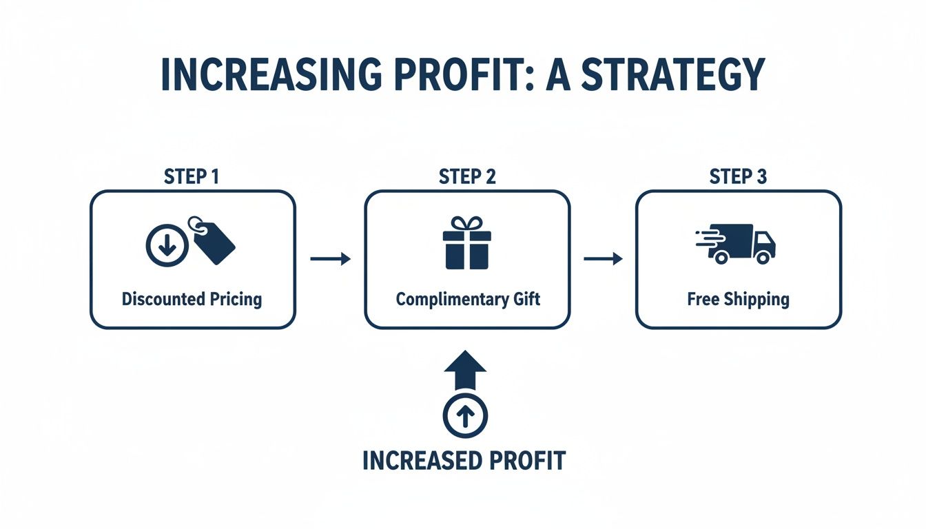 Flowchart showing a profit-increasing strategy: discounted pricing, complimentary gift, and free shipping leading to increased profit.