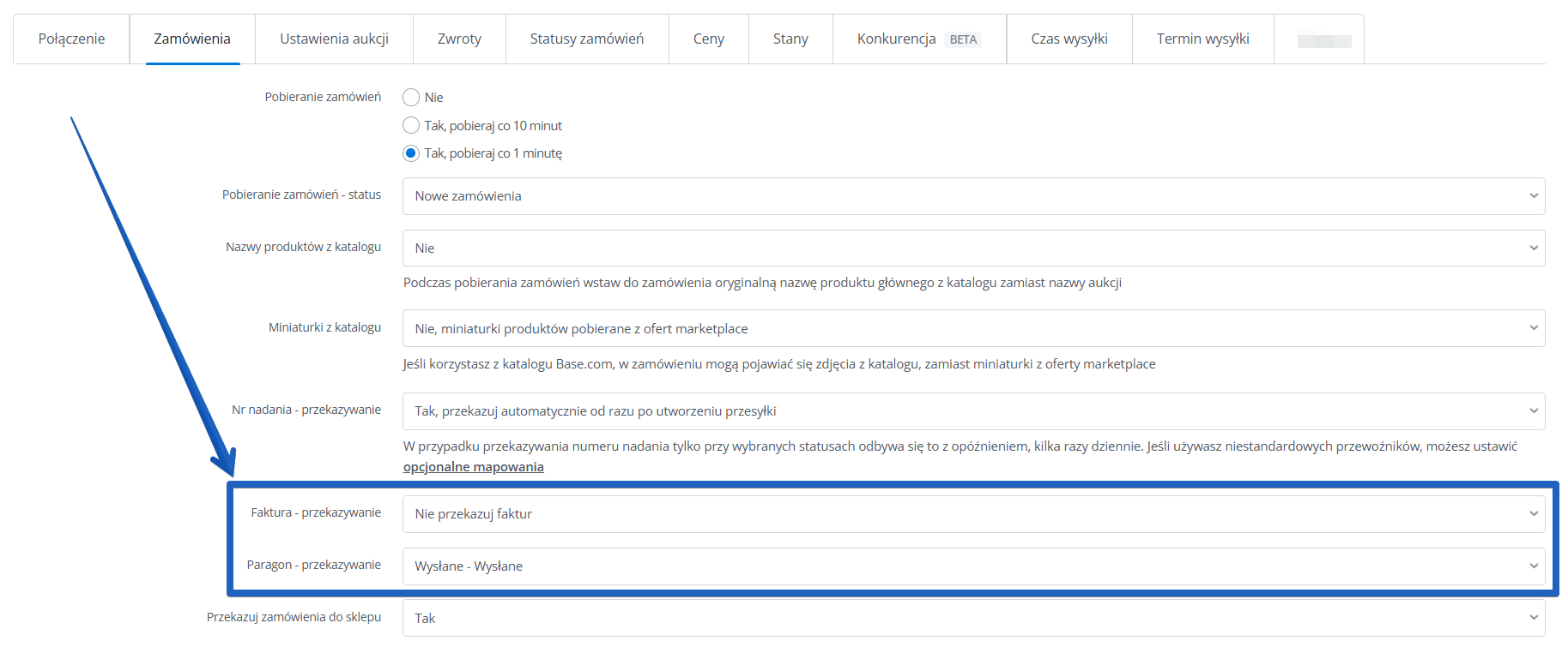Ustawienia przekazywania faktur i paragonów do Allegro w Base.com