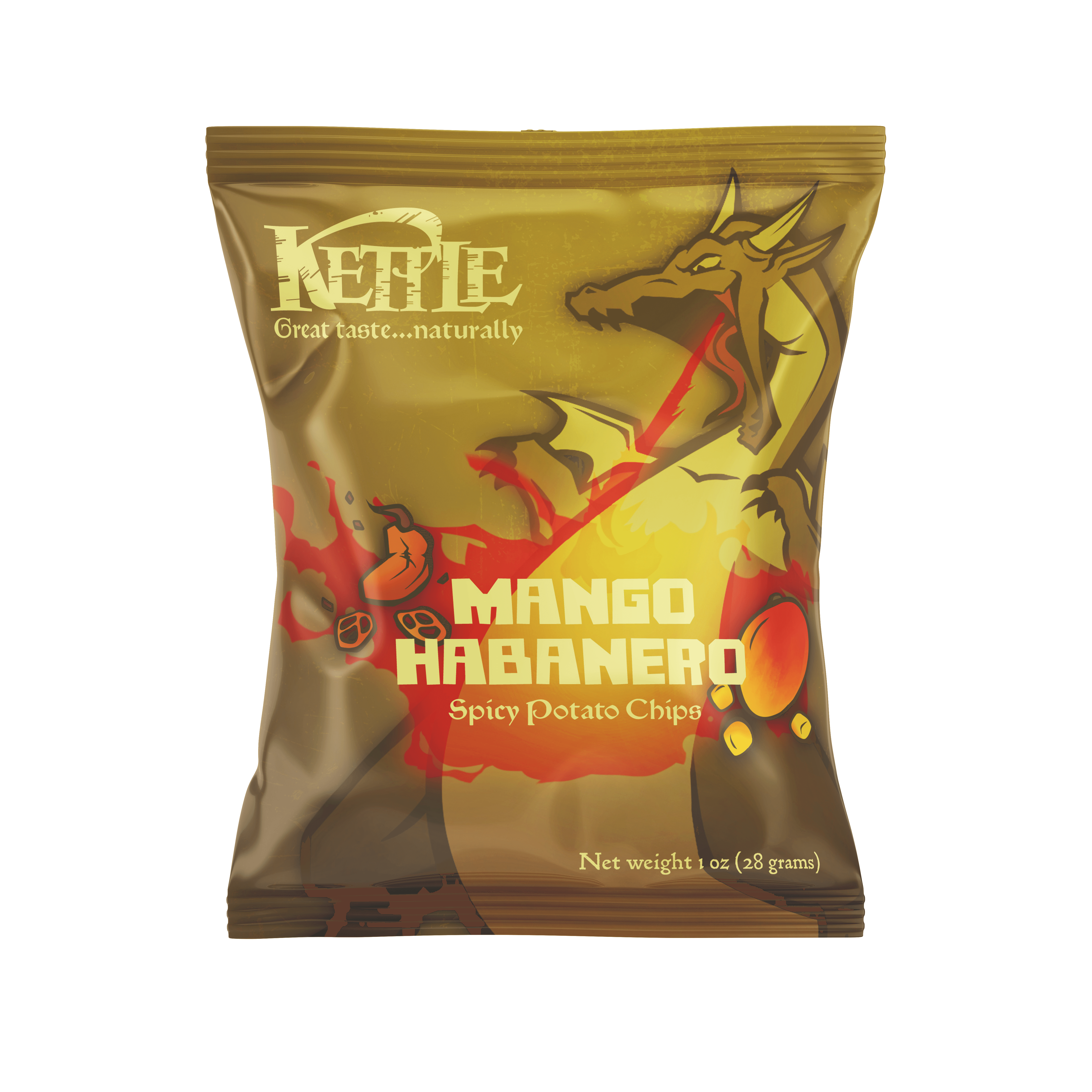 Yellow-dominant chip bag. Mango habanero flavor. A dragon, illustrated flavor cues, and fire highlight the flavor text.