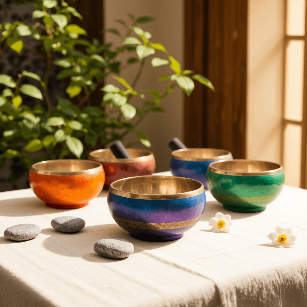 product photography of set of colorful singing bowls used for sound therapy