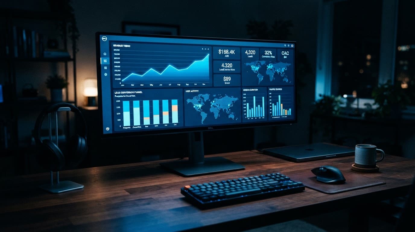 Monitor showing blue revenue and lead conversion charts on a dark desk.