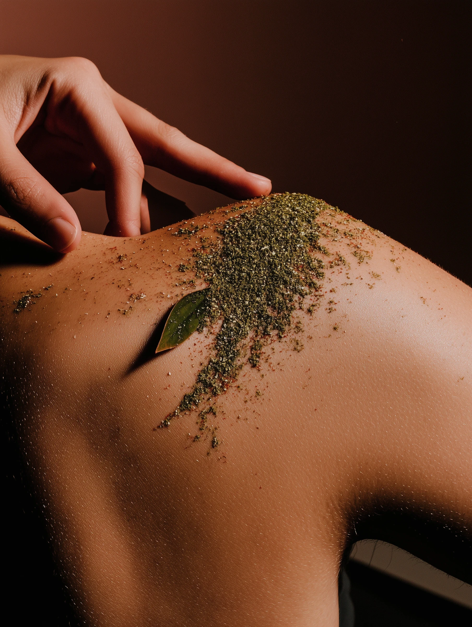 Herbal body scrub on a woman's back