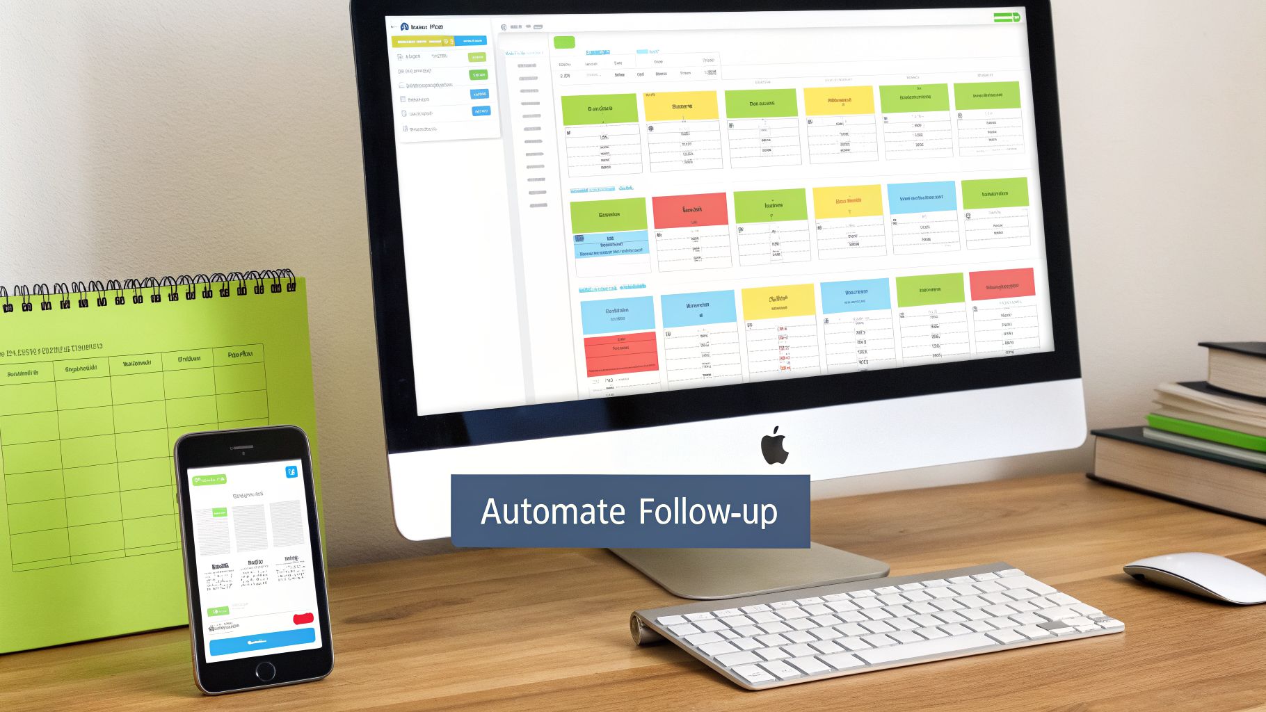 An office desk setup with an iMac displaying business software, a smartphone, and a 'Automate Follow-up' banner.
