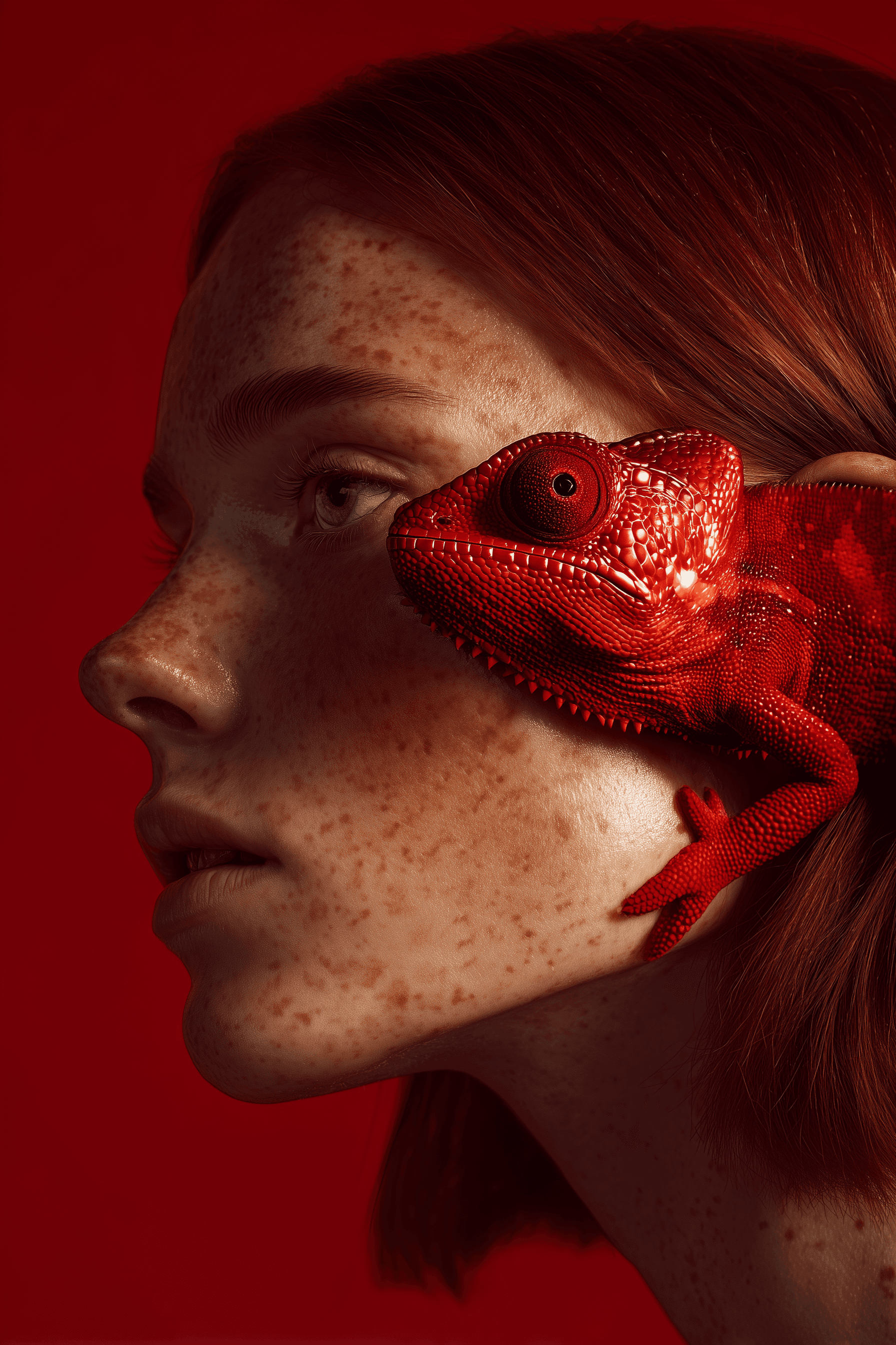 Freckled face with red chameleon resting near the eye