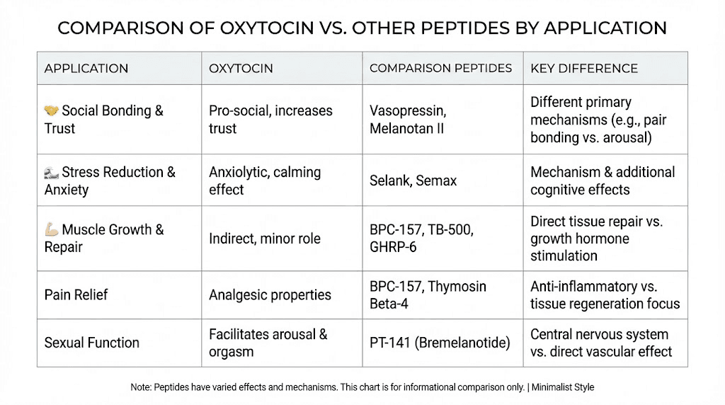 Oxytocin compared to other peptides PT-141 Selank chart