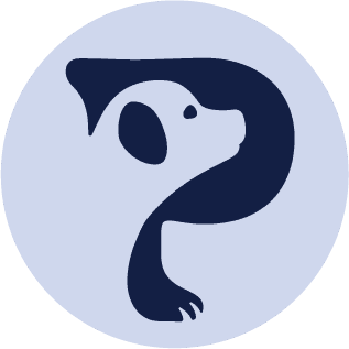 Logo mark breakdown featuring the final logo mark of a puppy knocked out of a letter "p"