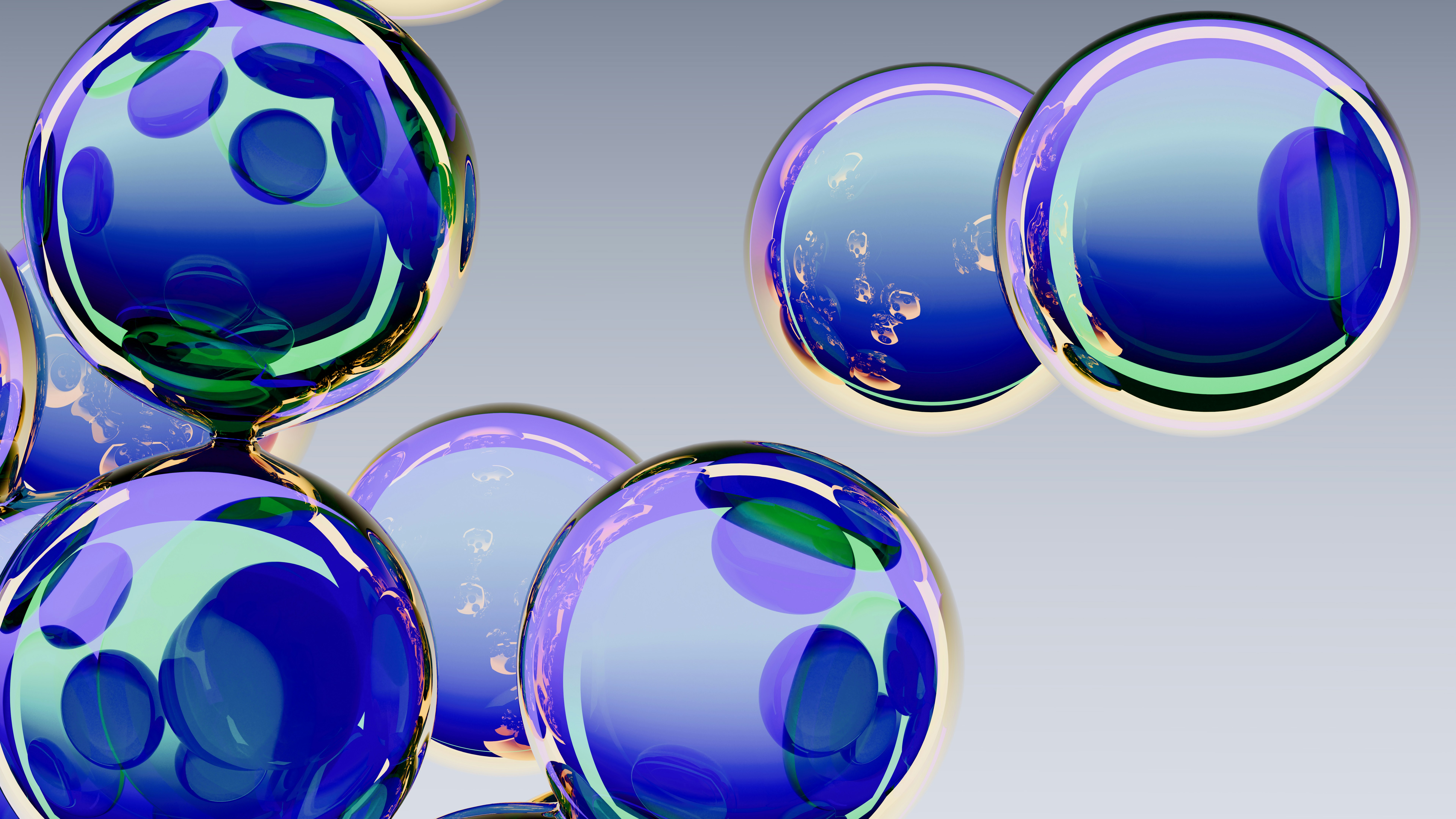 Abstract blue spheres with reflections on gray background.