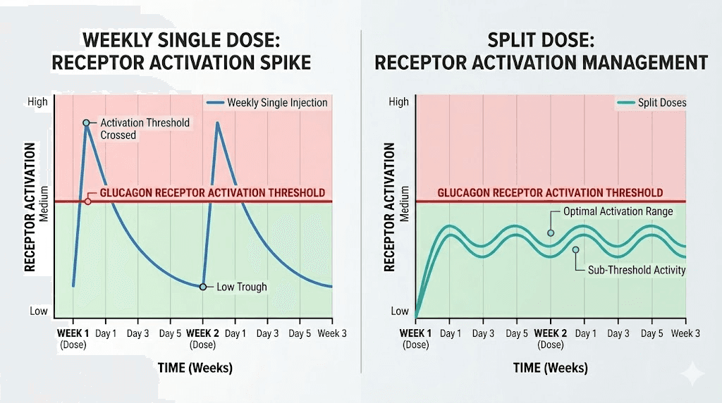 Glucagon receptor activation threshold diagram for retatrutide microdosing versus standard dosing