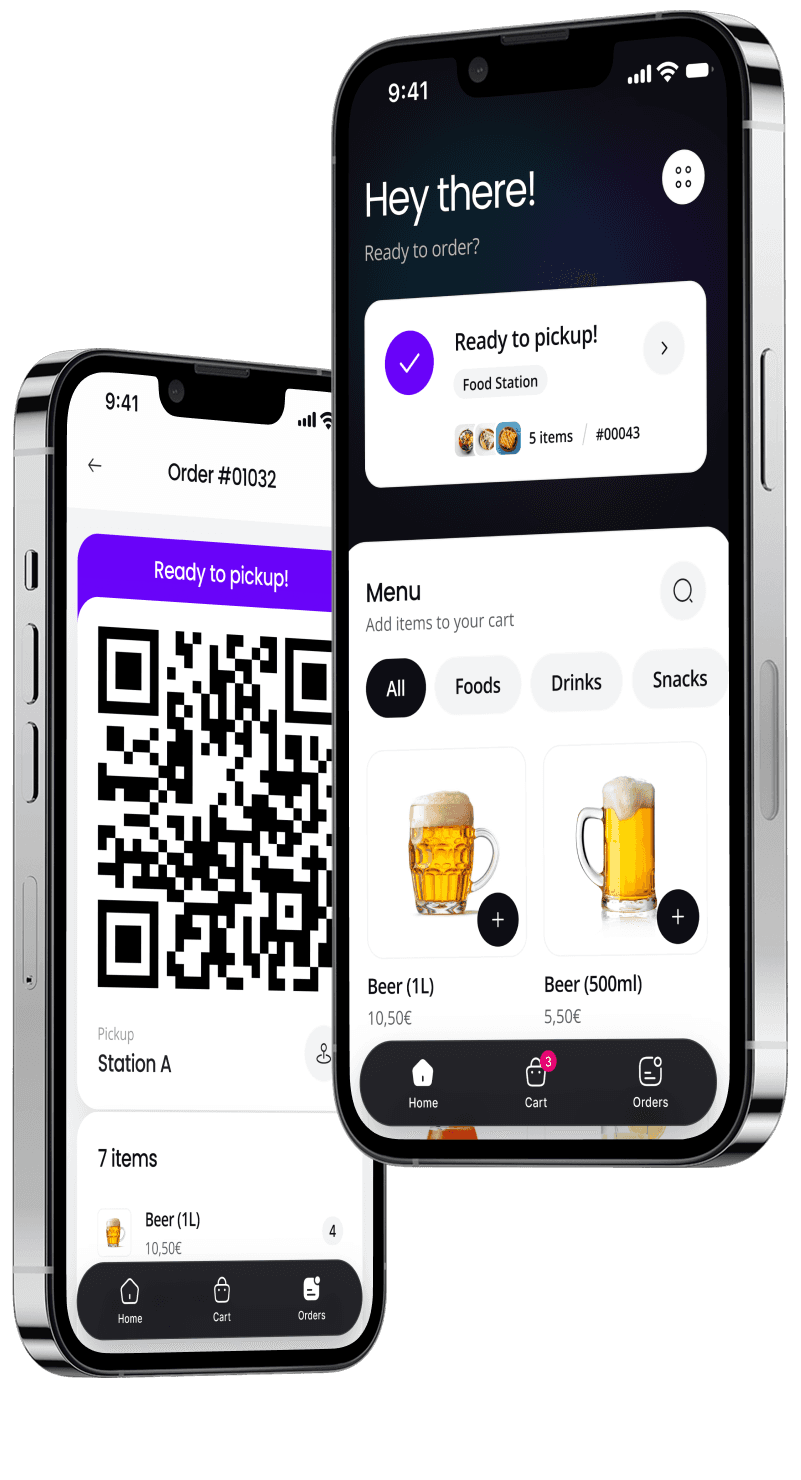 Dynamic mockup of the Eventbro mobile app on two iPhones, showing the order status and QR code screens.