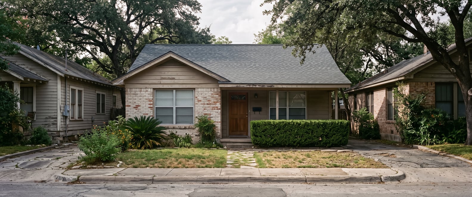 A 1980s Austin city house on a tight lot with a simple gable roof in new charcoal shingles, mature trees close on both sides