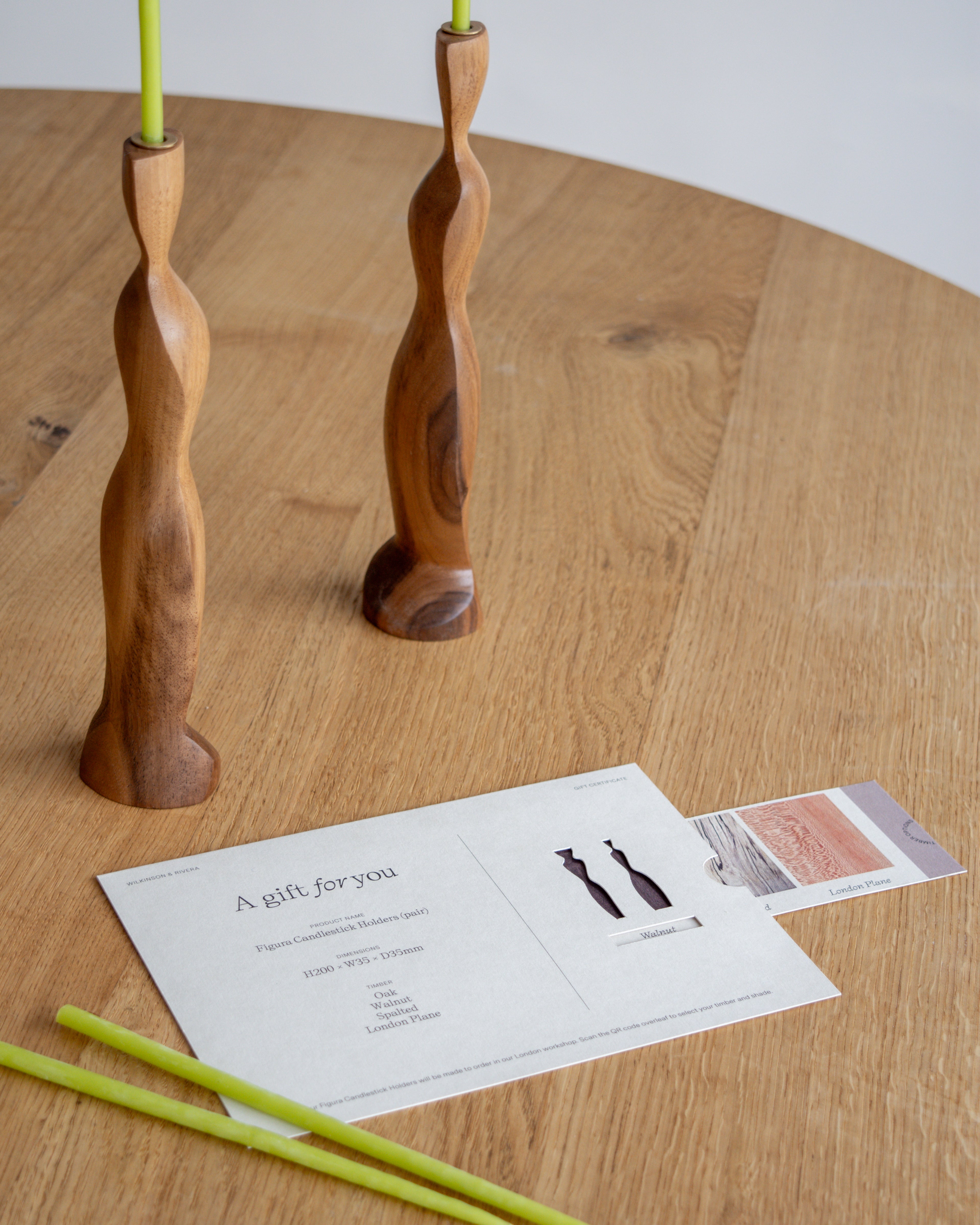 Figura Candlestick Holders in Walnut with matching Wilkinson & Rivera gift card.