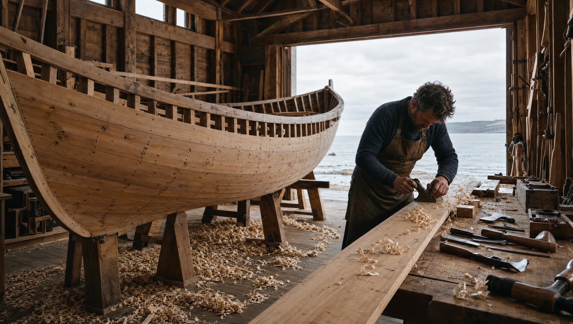A boatbuilder planing a plank beside a half-built wooden boat in an open shed