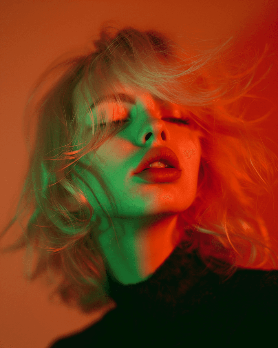 Close-up of a woman's face with her eyes closed, illuminated by dramatic, contrasting green and orange neon light.