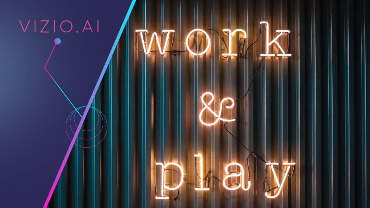 Neon sign reading "work and play" against a corrugated wall.