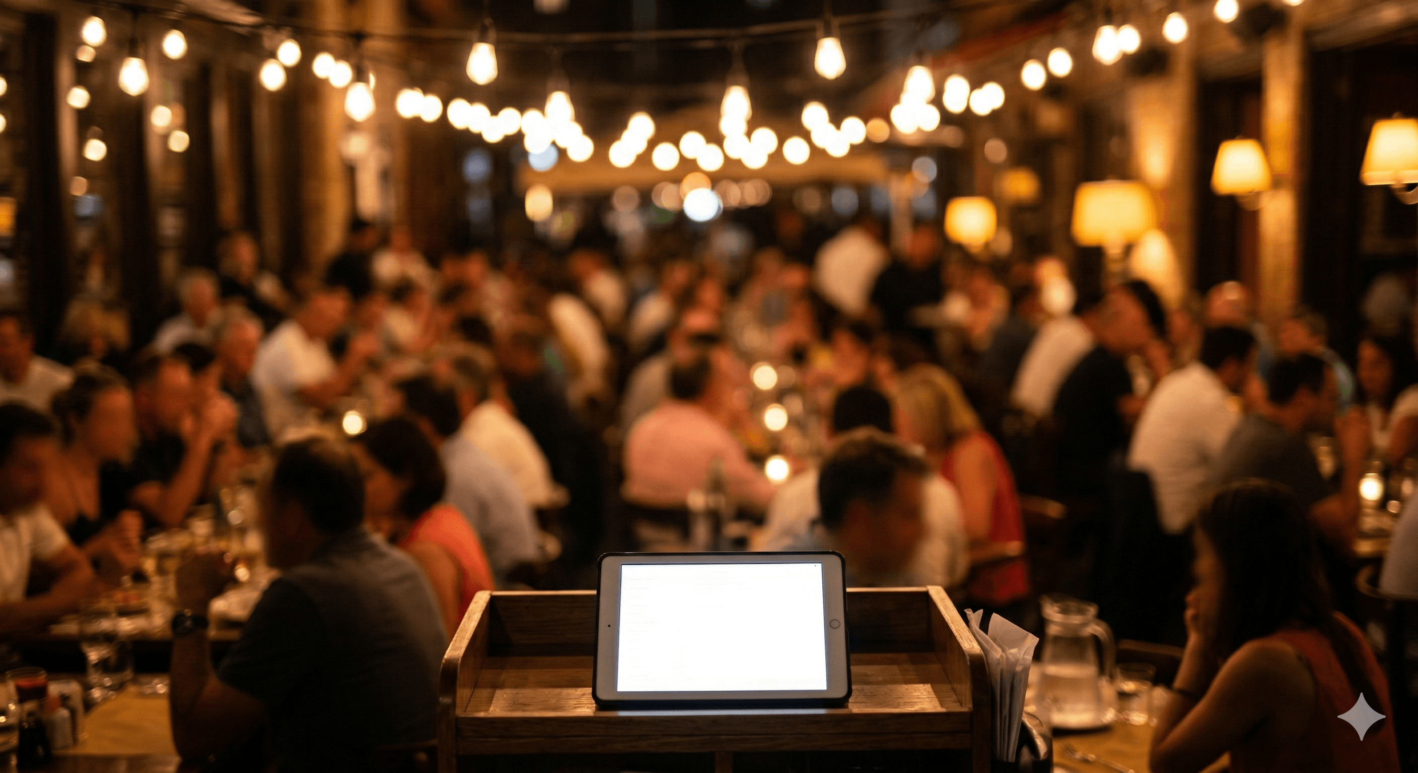 busy restaraunt at night with tablet in foreground