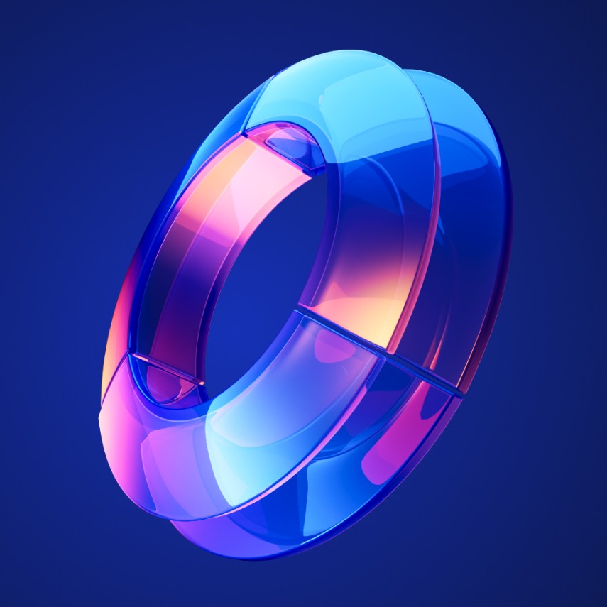 A single, twisted ring with a glossy, translucent finish in shades of blue and pink against a dark blue background.