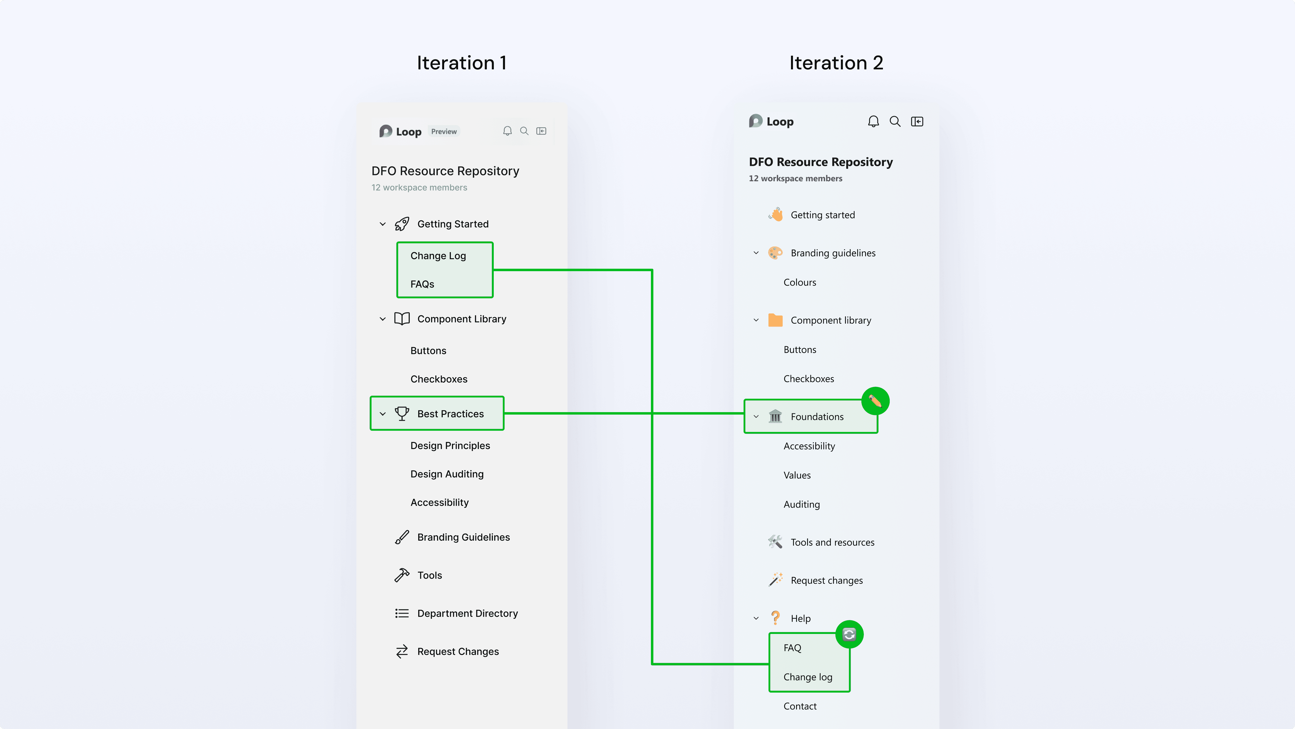 An image comparing two iterations of the UI