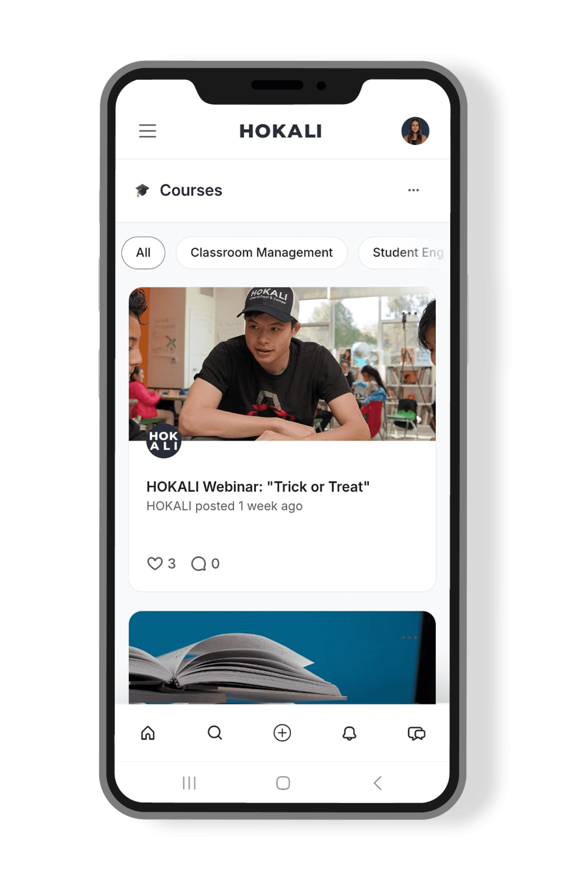 HOKALI Academy mobile app showing educator training courses and recorded webinars for professional development.