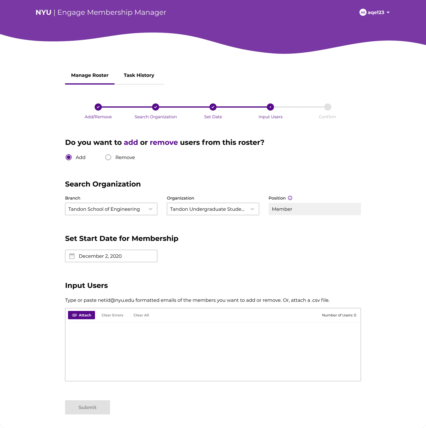 Form prompting users to input NYU users' emails