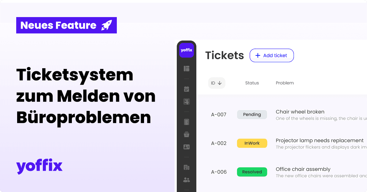 "Neue Funktion"-Badge mit der Überschrift "Ticketsystem zum Melden von Problemen im Büro" links. Rechts zeigt die Yoffix-Oberfläche eine Ticket-Liste, Statusanzeigen (Ausstehend, In Arbeit, Gelöst) und Beispiel-Tickets zu Büroproblemen.